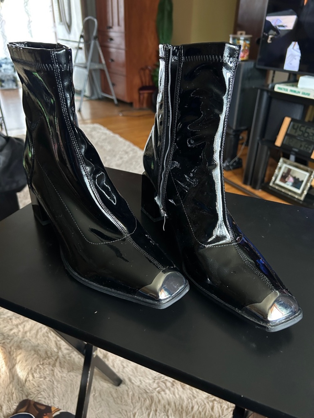 Women's Black Patent Ankle Boots with Silver Toe Accent